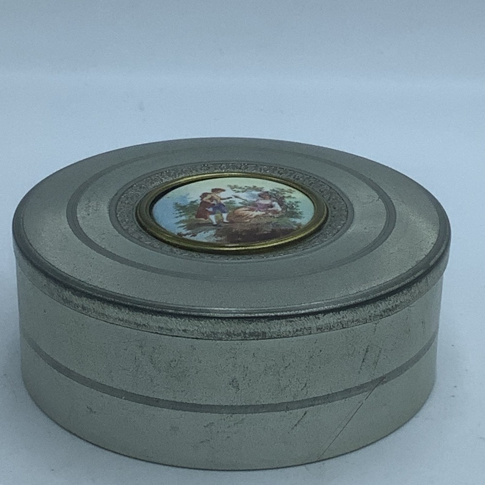 Vintage Sprague Round Metal Box with Country Scene Insert